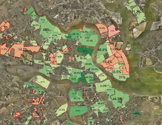 High-resolution data used to determine which subdivisions were experiencing  high impacts from heat in Charleston, South Carolina.