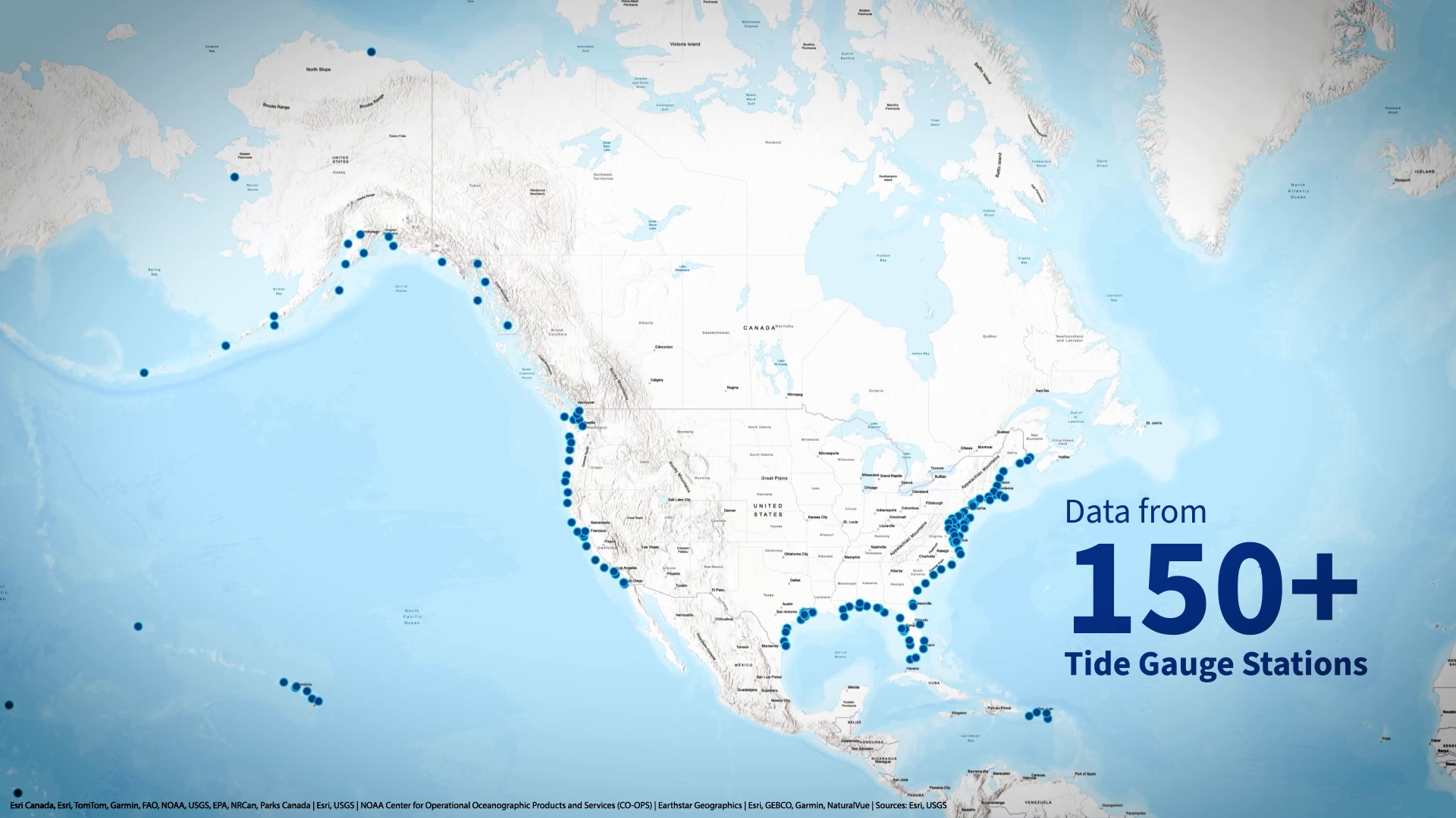 A graphic shows the location of tide gauges across the U.S.