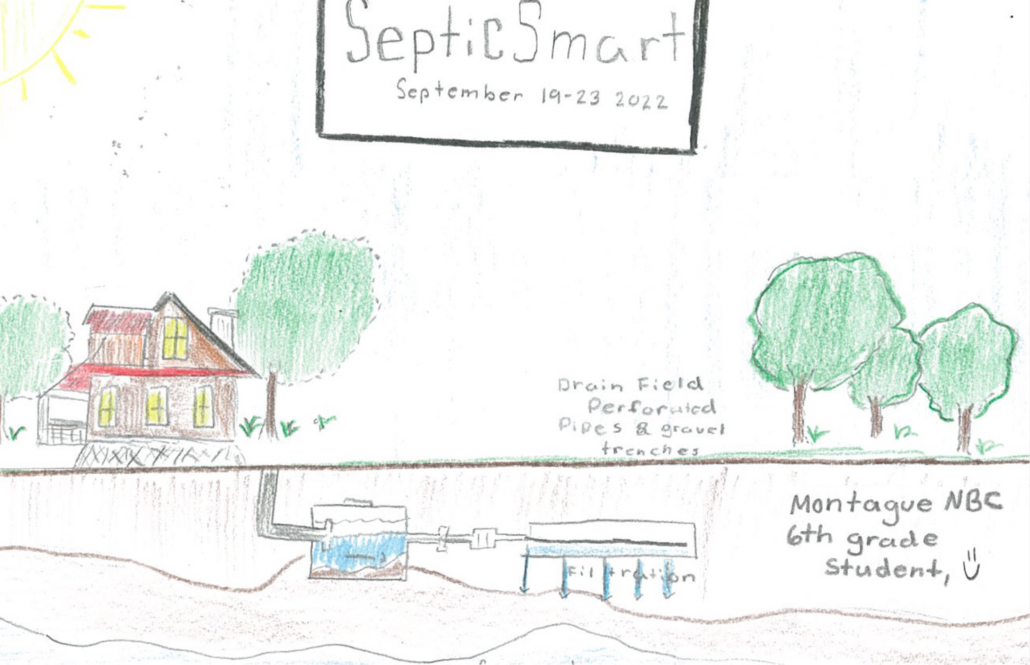 A colored pencil drawing of a house and trees with a septic system below the ground with the text “SepticSmart September 19-23 2022” at the top.