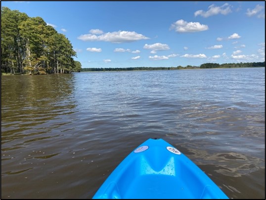 A blue kayak floats on a lake.
