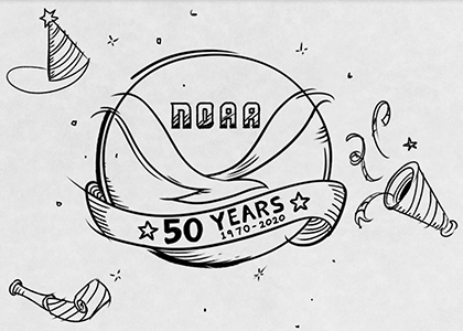 NOAA logo with 50 year banner and party hats