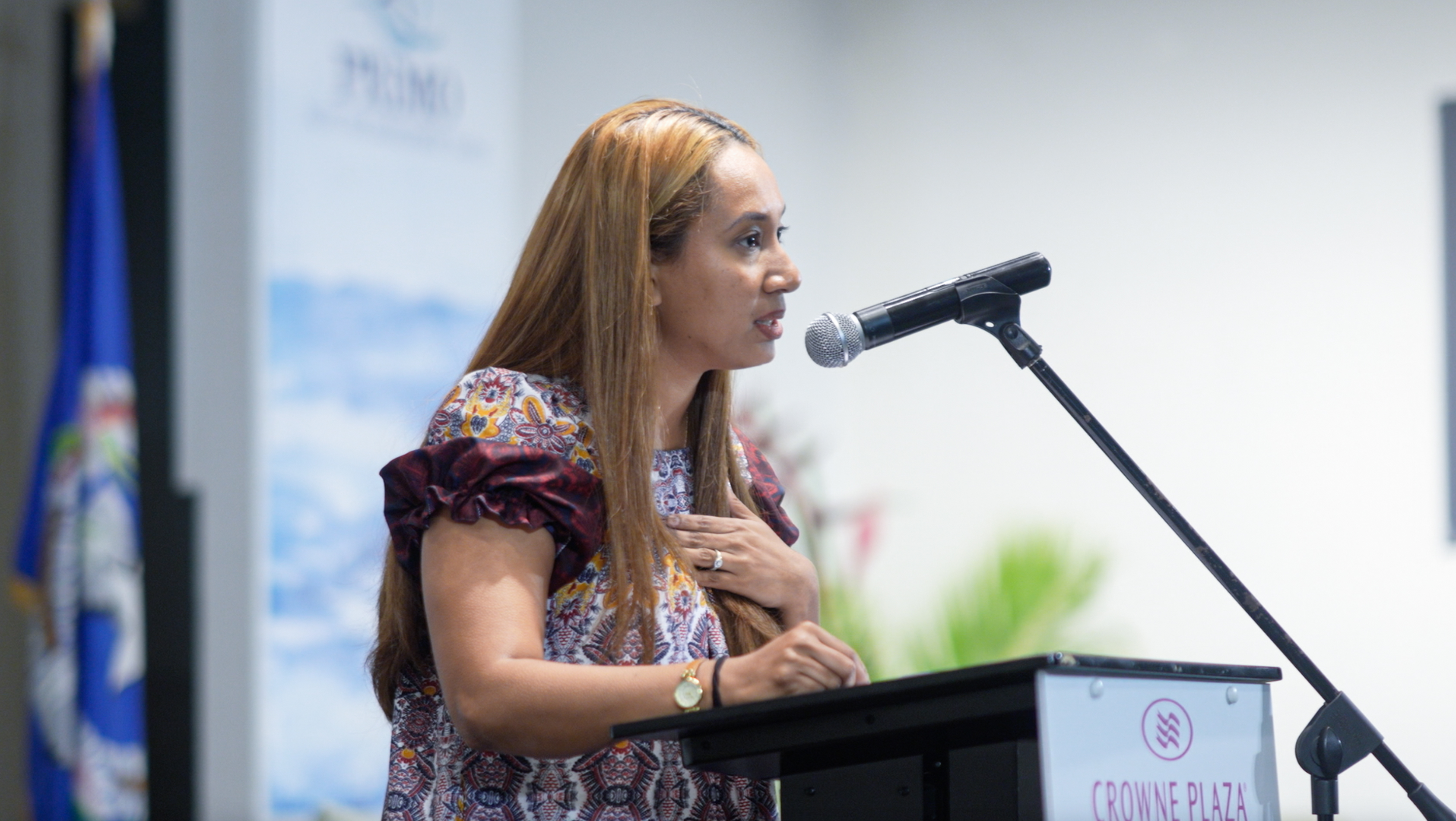 A speaker presenting at a conference